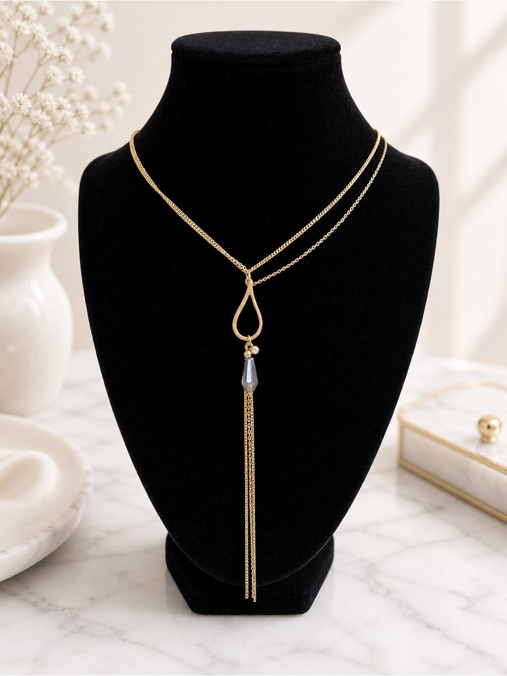 Gold tone Teardrop Pendant Layered Necklace with Black Accent